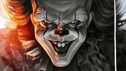 Sinister close-up of Pennywise the clown from the movie It (2017), snarling with glowing orange highlights and smoky shadows — 4K Ultra HD PC desktop wallpaper.