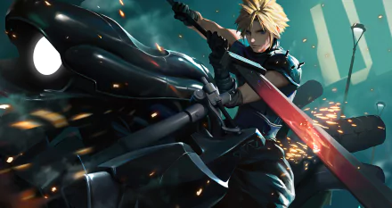 HD PC desktop wallpaper featuring Cloud Strife wielding his iconic sword from Final Fantasy VII Remake, capturing dynamic action from the popular video game.