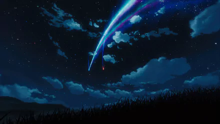 HD wallpaper from the anime Your Name, featuring a serene night sky with a glowing comet streaking across and silhouetted grass in the foreground.