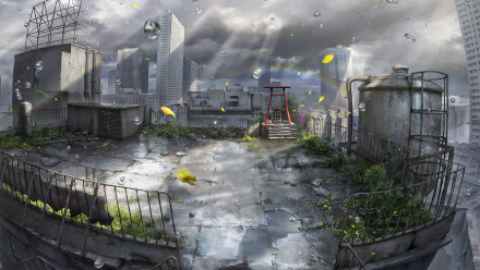 HD desktop wallpaper featuring a sunbeam breaking through dark clouds over an urban rooftop scene, inspired by the anime Tenki no Ko (Weathering with You).