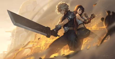 HD desktop wallpaper featuring Cloud Strife wielding the iconic Buster Sword alongside Tifa Lockhart from Final Fantasy VII Remake in a dynamic video game scene.