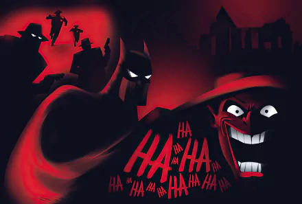 HD PC desktop wallpaper featuring Joker and Batman from DC Comics' Batman: The Animated Series, set against a dark red and black background with stylized shadows and laughter.