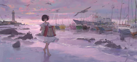 Anime-style HD PC desktop wallpaper featuring a girl playing an accordion by a serene harbor at sunset with boats and birds in the background.