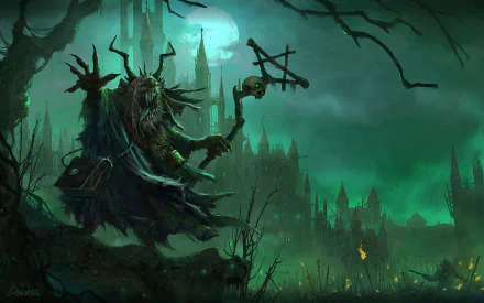 HD PC desktop wallpaper featuring a dark, menacing Warhammer creature wielding a staff against a gloomy, gothic cityscape under a full moon.