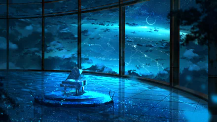 Anime-style HD wallpaper featuring a piano under a starry night sky, viewed through a large window.
