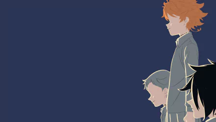HD PC desktop wallpaper featuring anime characters Emma, Norman, and Ray from The Promised Neverland against a dark blue background.