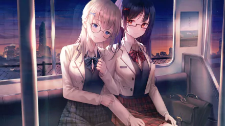 Anime-style 4K Ultra HD desktop wallpaper featuring two anime girls with glasses in school uniforms, seated inside a train during sunset with a cityscape in the background.