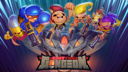 HD desktop wallpaper of Exit The Gungeon featuring animated characters in action poses with the game's logo at the bottom.