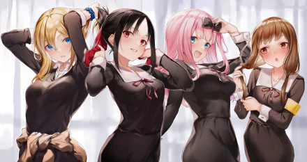 HD desktop wallpaper featuring Kaguya Shinomiya, Miko Iino, Ai Hayasaka, and Chika Fujiwara from the anime Kaguya-sama: Love is War, with all characters in school uniforms, set against a bright background.