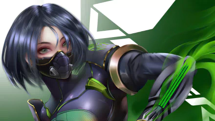 HD PC desktop wallpaper of Viper from Valorant: masked agent in green-and-black suit unleashing neon-green toxic energy, dynamic close-up action pose, video game character backdrop.