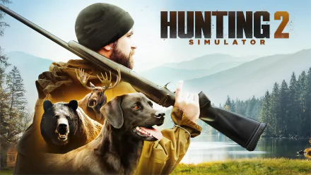 HD desktop wallpaper for Hunting Simulator 2, featuring a hunter with a rifle, a dog, and a bear in a forest landscape.