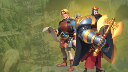 HD desktop wallpaper featuring characters from Rise of Kingdoms poised for battle against a green background.