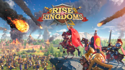HD desktop wallpaper of Rise of Kingdoms game featuring epic battles and fiery sieges against a vibrant landscape.