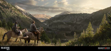Ellie and Joel from The Last of Us Part II ride horses overlooking a vast, mountainous landscape in this HD PC desktop wallpaper from the video game.