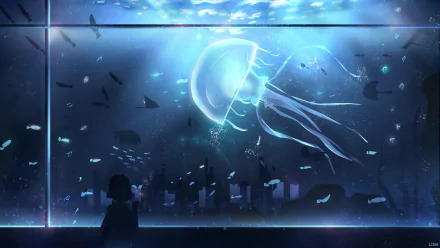 HD anime-style underwater scene featuring a glowing jellyfish drifting in the ocean, with a silhouetted figure observing from an aquarium-like setting.