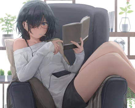 An anime-style character with short black hair relaxes in a chair, reading a book. The HD desktop wallpaper and background features a cozy setting with plants in the background.