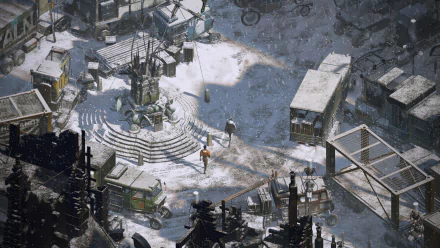 HD desktop wallpaper from Disco Elysium depicting a snowy urban scene with a character in the center.