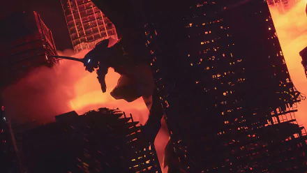HD desktop wallpaper featuring Evangelion Unit-01 from the anime Neon Genesis Evangelion. The image showcases the mecha amidst a fiery backdrop with towering structures.