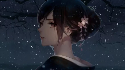 Anime artwork of a geisha in a dark kimono, standing under a tree with falling snowflakes. Her hair is adorned with pink flowers. HD desktop wallpaper and background.