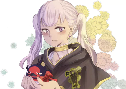 HD anime desktop wallpaper featuring Noelle Silva from Black Clover with white hair, pink eyes, and a floral background.