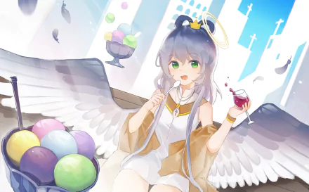 Anime-style angel with white hair and green eyes, inspired by Luo Tianyi from Vocaloid, set against a bright, ethereal background in 4K Ultra HD detail.