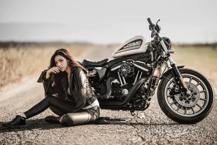 A woman biker model poses beside a Harley-Davidson motorcycle on a rural road, captured in a high-definition PC desktop wallpaper showcasing Girls & Motorcycles.