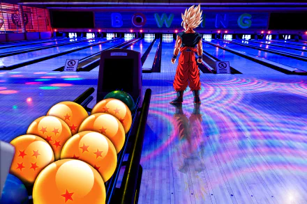 Goku from Dragon Ball Z stands in a neon-lit bowling alley with glowing Dragon Balls by the lane, anime 4K Ultra HD PC desktop wallpaper and background.
