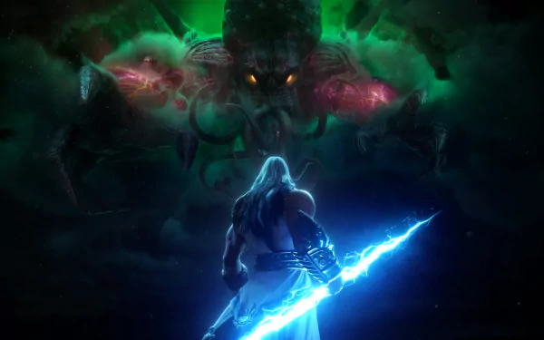 Smite video game 2K Quad HD PC wallpaper: Zeus, lightning blade in hand, faces a towering, glowing-eyed Cthulhu with tentacles amid swirling green storm clouds.
