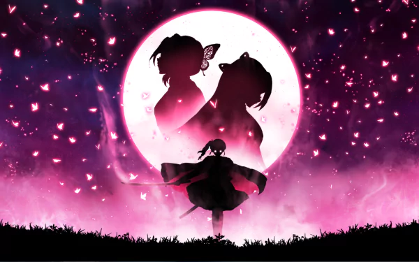 HD desktop wallpaper featuring Kanae Kocho, Shinobu Kochou, and Kanao Tsuyuri from the anime Demon Slayer: Kimetsu no Yaiba in a beautiful silhouette against a glowing moonlit background.