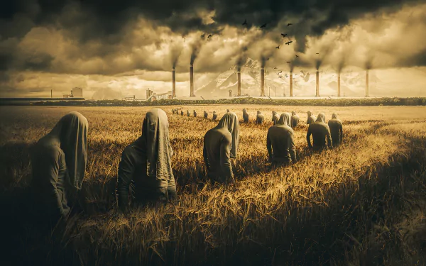 Dark, artistic HD desktop wallpaper showing hooded figures in a field with chimneys emitting smoke under a stormy sky, evoking a somber, surreal atmosphere.
