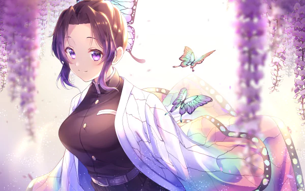 HD desktop wallpaper featuring Shinobu Kochou from the anime Demon Slayer: Kimetsu no Yaiba, surrounded by fluttering butterflies and a mystical, colorful background.