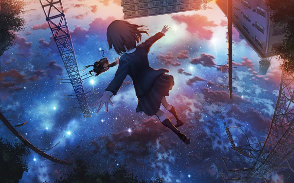 An original anime HD desktop wallpaper featuring a uniformed figure falling through a dreamy sky blending starry night and vivid sunset hues.