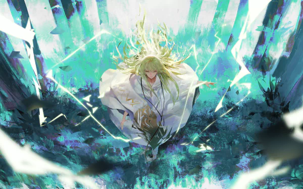 HD desktop wallpaper featuring Enkidu from Fate/Grand Order, highlighted in an ethereal, glowing forest setting with dynamic lighting effects. Vibrant anime artwork encapsulates the mystical ambiance.