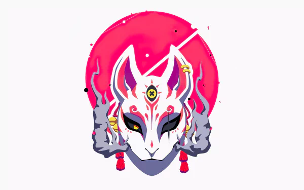 A vibrant artistic representation of a kitsune mask, featuring bold colors and intricate details, set against a striking pink background, designed for HD PC desktop wallpaper.