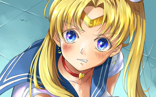 Close-up anime portrait of Sailor Moon with a determined expression, long blonde hair and sparkling blue eyes — 2K Quad HD PC desktop wallpaper/background.