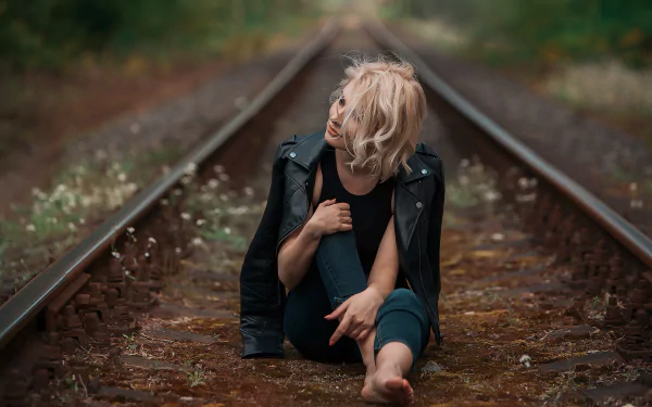barefoot depth of field jacket model woman mood HD Desktop Wallpaper | Background Image