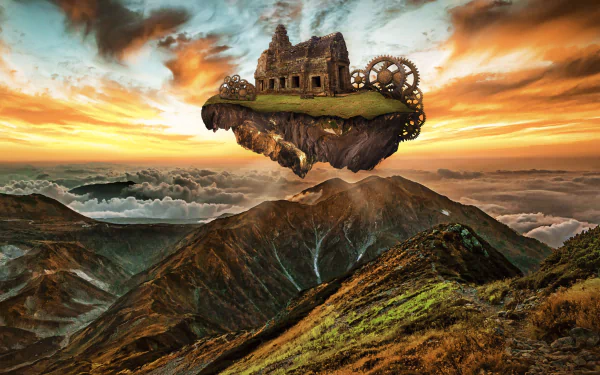 A 4K Ultra HD fantasy desktop wallpaper featuring a floating island with a castle and mechanical gears above rugged mountains at sunset.