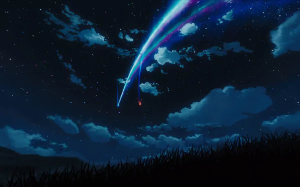 HD wallpaper from the anime Your Name, featuring a serene night sky with a glowing comet streaking across and silhouetted grass in the foreground.