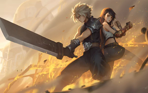 HD desktop wallpaper featuring Cloud Strife wielding the iconic Buster Sword alongside Tifa Lockhart from Final Fantasy VII Remake in a dynamic video game scene.