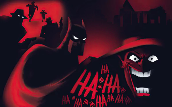 HD PC desktop wallpaper featuring Joker and Batman from DC Comics' Batman: The Animated Series, set against a dark red and black background with stylized shadows and laughter.