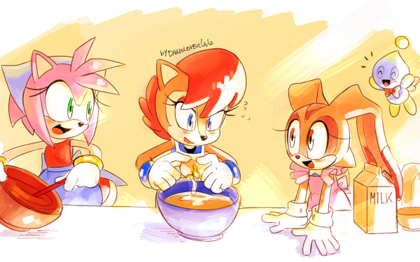 Comics Sonic the Hedgehog Sonic Sally Acorn Amy Rose Cream the Rabbit Milk Egg Cooking Green Eyes Blue Eyes Cheese the Chao Smile Red Hair Archie Comics HD Wallpaper | Background Image