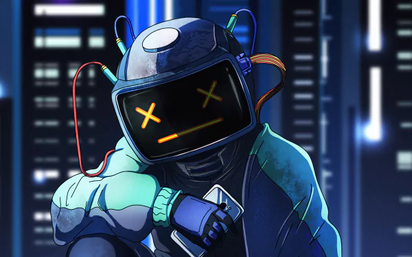 4K Ultra HD PC desktop wallpaper of a sci‑fi robot wearing a glossy helmet with a digital face (X eyes), neon city lights glowing in the blurred urban background.