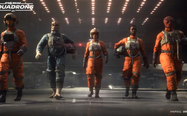 Star Wars: Squadrons characters in pilot gear walk forward inside a hangar, featured in a 4K Ultra HD PC desktop wallpaper from the Star Wars video game.