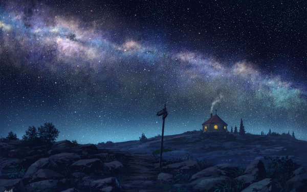 Anime-style HD desktop wallpaper featuring a solitary hut under a vibrant starry night sky with the Milky Way stretching across the horizon.