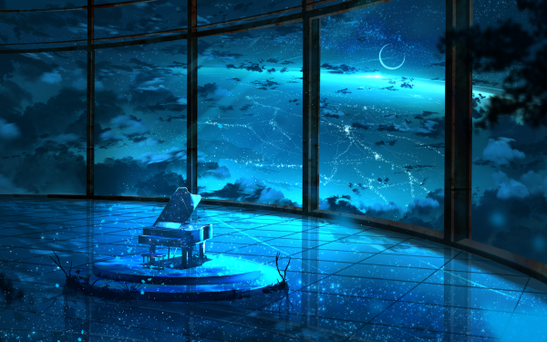 Anime Original Night Starry Sky Piano HD Wallpaper | Background Image