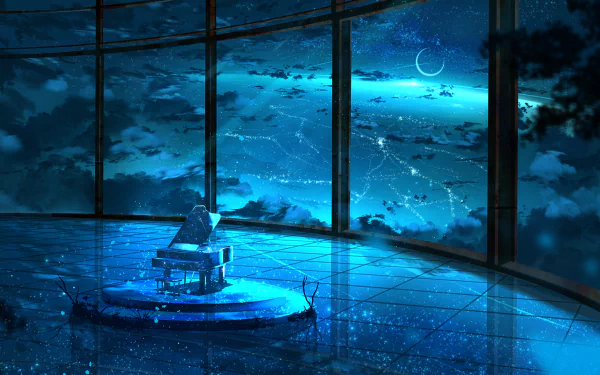Anime-style HD wallpaper featuring a piano under a starry night sky, viewed through a large window.