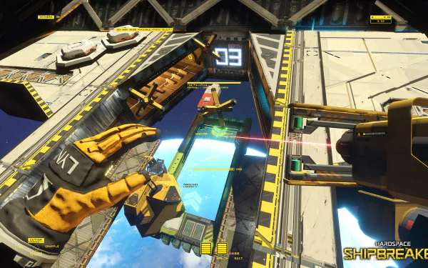 HD desktop wallpaper featuring a first-person view from Hardspace: Shipbreaker game, showing a space salvage operation.