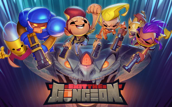 HD desktop wallpaper of Exit The Gungeon featuring animated characters in action poses with the game's logo at the bottom.