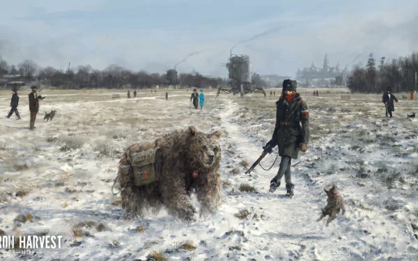 HD wallpaper featuring a snowy scene from the game Iron Harvest with a person walking a mechanical beast.