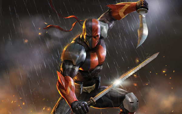 Slade Wilson as Deathstroke in intense action from the movie Deathstroke: Knights & Dragons, depicted in a dynamic 4K Ultra HD PC desktop wallpaper.